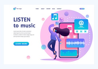 Young teenage girl listening to music and dancing, music lover. Flat 2D character. Landing page concepts and web design