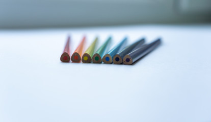 Wall Mural - Set of seven not sharpened rainbow-colored pencils on a white background. Selective focus. Concept of creativity. Art supplies. Minimalism. Childhood. 