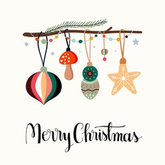 Wall Mural - christmas greeting card/invitation with seasonal design, christmas ornaments hanging on pine branch 