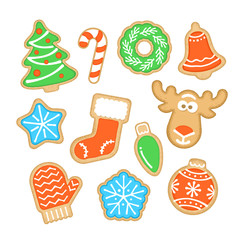 Wall Mural - Christmas cookies decorated with sugar icing. Gingerbread homemade biscuits. Vector cartoon illustration. Traditional festive food. Different shapes such as tree, star, snowflake, bell, sock, deer