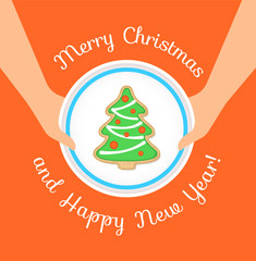 Wall Mural - Merry Christmas and Happy New Year greeting card. Holiday vector cartoon illustration. Christmas cookie in form of a tree on a plate in woman’s hands. Gingerbread homemade biscuit decorated with icing