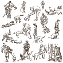 Dogs - Dog Training. Collection, Pack Of Freehand Sketches. Line Art On White.