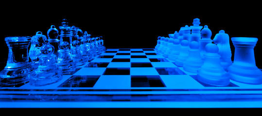 Glass Chess Board and Pieces in Blue