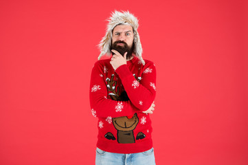 Wall Mural - Hard decision. Decision making. Make christmas wish. Life changing decision. Hipster bearded man wear winter sweater and hat. Happy new year. Winter party outfit. Man thoughtful face expression