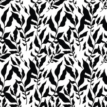 Floral seamless pattern with black leaves on a white background.