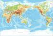 World Map - Pacific View - Physical Topographic - Vector Detailed Illustration