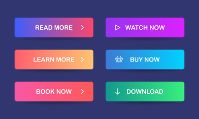 Read more, Learn more, Book now, Watch now, Buy now, Download. Set of modern multicolored buttons with gradient for web sites and social pages. Vector. EPS 10