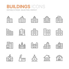 Collection Of Buildings Related Line Icons. 48x48 Pixel Perfect. Editable Stroke