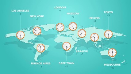 Wall Mural - clock with time in big cities on blue world map time zone illustration on planet earth
