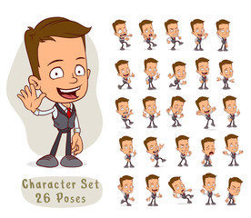 Wall Mural - Cartoon funny office boy character with costume and red tie in different positions. Layered vector for animations. Isolated on white background. Big icon set.