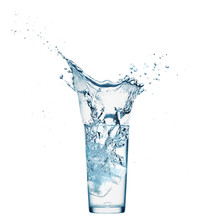 One Glass Of Water With Splash From Falling Ice Cube, White Background, Isolated Object