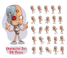 Cartoon Funny Futuristic Cyborg Soldier Boy Character With Red Laser Eye In Different Positions. Layered Vector For Animations. Isolated On White Background. Big Icon Set.