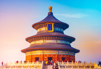 Temple of Heaven Park scenery. The Chinese texts on the building meaning is Prayer hall. The temple is located in Beijing, China.