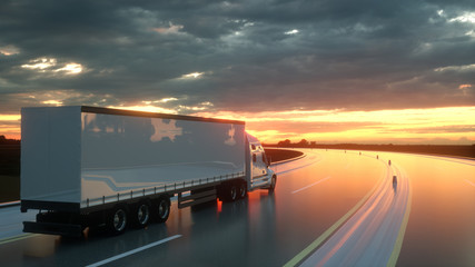 semi trailer on asphalt road highway at sunset - transportation background. 3d rendering