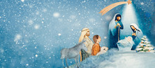 Nativity Scene. Merry Christmas Watercolor Background.