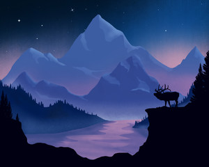 twilight minimal landscape purple mountains and lake with a elk watching the beautiful scenery panorama calm illustration