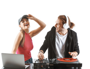 Wall Mural - Young djs playing music on white background