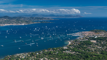 Wall Mural - French Riviera - modern sail race with aerial view in St -Tropez full golf view