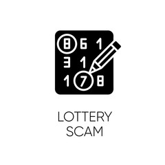 Poster - Lottery scam glyph icon. Advance-fee fraud. Scratch-and-win promotion. Sweepstake contest. Prize scamming. Gambling. Upfront payment. Silhouette symbol. Negative space. Vector isolated illustration