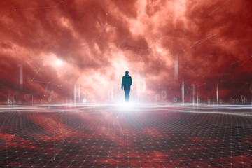 Wall Mural - Conceptual cyberspace walking in dark red cloudy sky. Businessman in digital world.