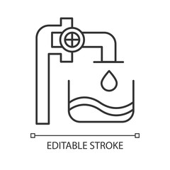 Sticker - Water industry linear icon. Liquid in container. Pipes and valves. Water engineering. Beverage production. Thin line illustration. Contour symbol. Vector isolated outline drawing. Editable stroke