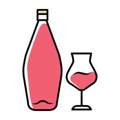 Sticker - Wine pink color icon. Alcohol bar. Bottle and wineglass. Alcoholic beverage. Restaurant service. Glassware for dessert madeira wine. Isolated vector illustration