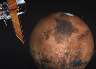 Wall Mural - satellite telescope near mars planet of solar system somewhere in space. science fiction. elements o