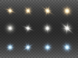 Poster - Christmas stars collection on transparent background. Sparkling color lights set. Bright shining beams. Abstract colorful flares. Color glare effects and rays. Vector illustration
