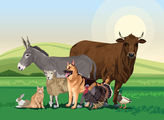 Sticker - group of animals farm in the landscape scene