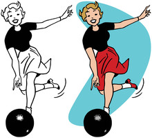 A Cartoon Of A Woman Throwing A Bowling Ball At A Bowling Alley. 