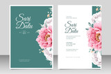 Elegant wedding card template with peony aquarel on green background