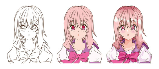 Sticker - drawing process of young woman anime style character