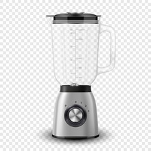 Vector 3d Realistic Electric Silver Steel Chrome Juicer Blender Appliance with Glass Container Icon Closeup Isolated on Transparent Background. Design Template, Health Food and Drink Concept