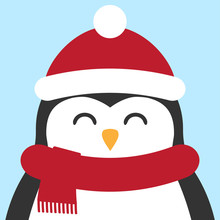 Vector Flat Cartoon Penguin Face In Winter Hat And Scarf Isolated On Pastel Blue Background