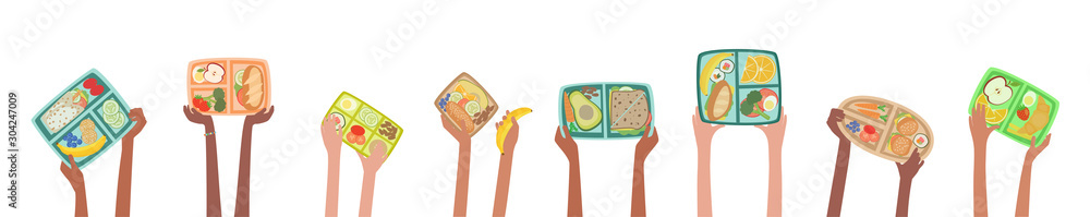 Children hands holding lunch boxes with healthy lunches food banner - obrazy, fototapety, plakaty 
