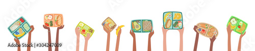 Fotografía Children hands holding lunch boxes with healthy lunches food banner