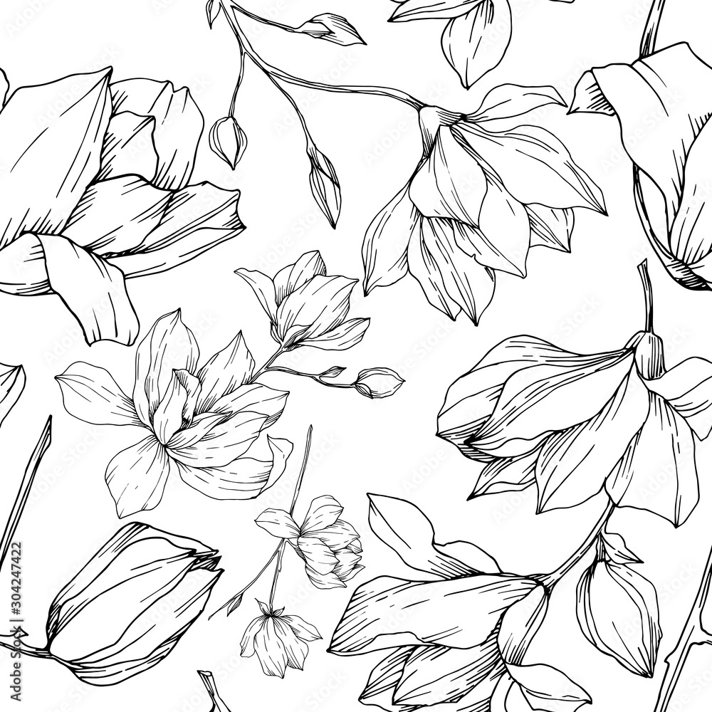 Vector Magnolia floral botanical flowers. Black and white engraved ink art. Seamless background pattern. - obrazy, fototapety, plakaty 