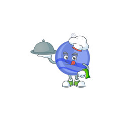 Wall Mural - Shiny blue christmas ball cartoon with character chef holding food