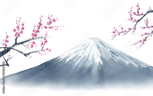 富士山と梅 水墨画 Stock Illustration Adobe Stock