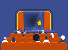 Entertainment And Culture, Stand Up Comedy Show, Young Male Artist Performing On Stage And Audience Sitting In A Vintage Theatre With Old Fashion Interior