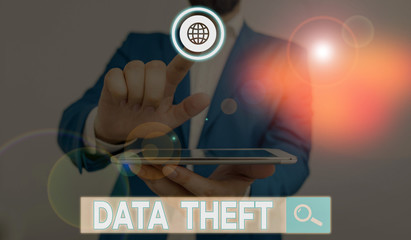 word writing text data theft. business photo showcasing illegal transfer of any information that is 