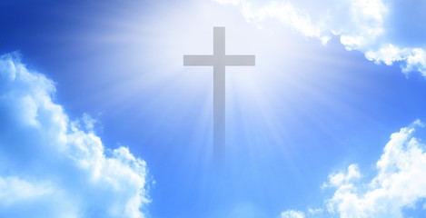 Wall Mural - christian cross appeared bright in the sky with soft fluffy clouds, white, beautiful colors. with th