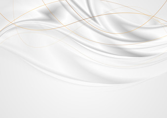 Grey silver smooth waves with curved bronze lines abstract background. Vector design