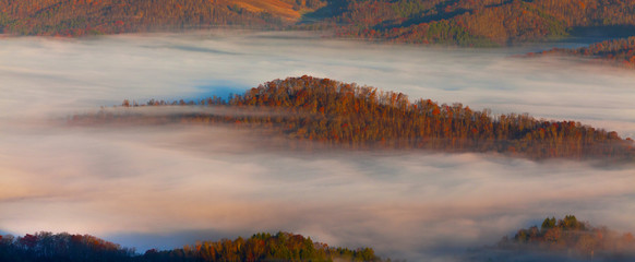 Impressive sea of clouds at sunrise, in the Appalachian Mountains, on a beautiful autumn day