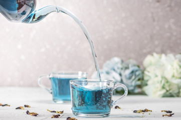 Organic butterfly pea blue tea in a cup