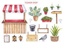 Watercolor Elements On A White Background. A Street Tent, Potted Plants, Signs, A Dove - All That Is Needed To Decorate A Flower Stall.