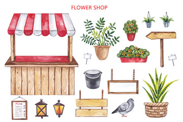 Watercolor elements on a white background. A street tent, potted plants, signs, a dove - all that is needed to decorate a flower stall.