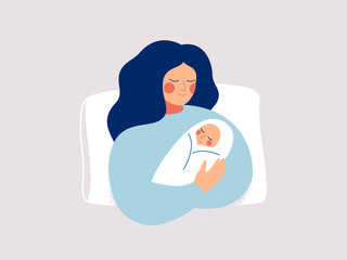 Happy new mother holds her infant baby in her arms. Vector illustration of motherhood and care about kids