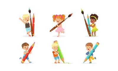 Sticker - Cute Young Children Holding Big Pencils and Pens