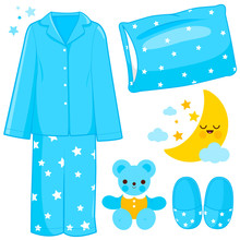 Collection Of Children Pajamas And Sleep Time Objects. Vector Illustration Set